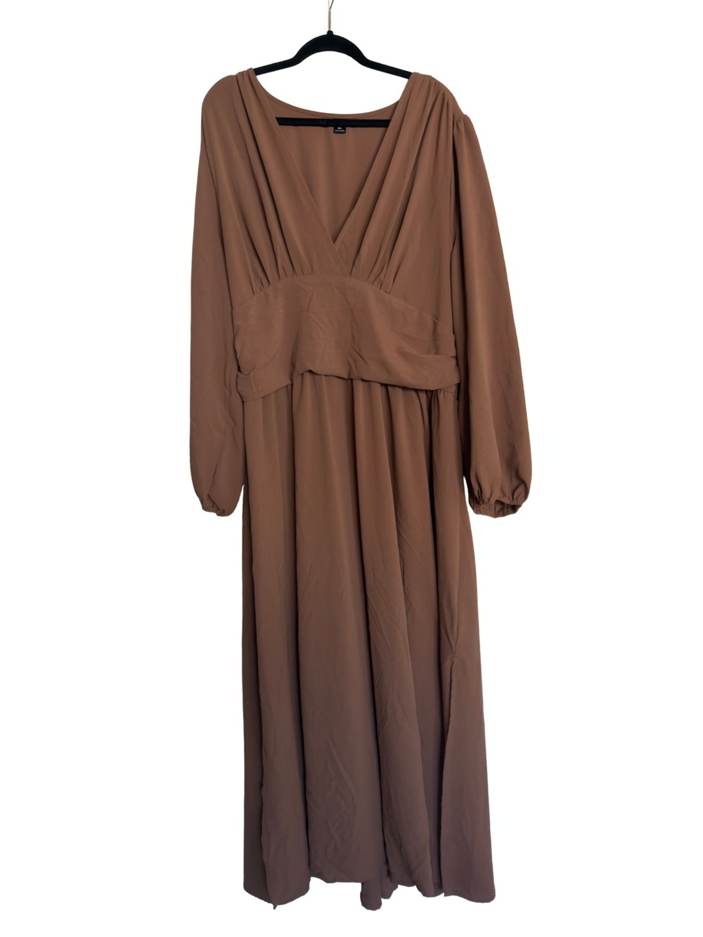 Plus Size Brown V-Neck Long Sleeve Maxi Dress
